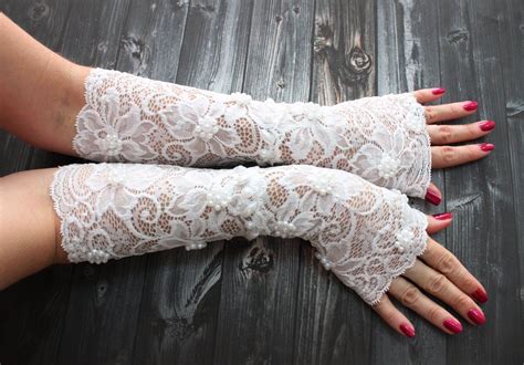 Long Lace Gloves White Lace Wedding Cuff White Fingerless Etsy Lace