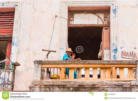 Cuba Havana May 5 2017 Cuban Man On The Balcony Copy Space