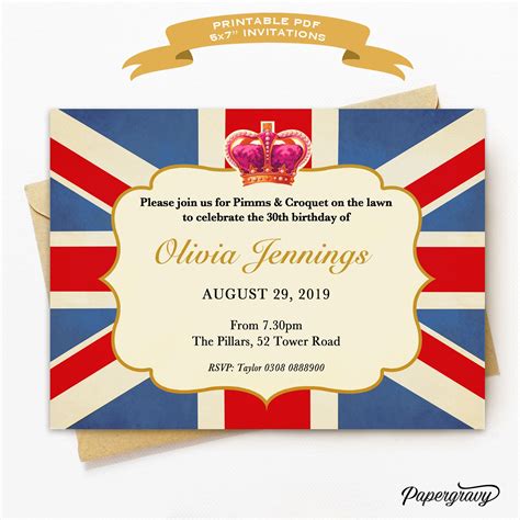 Printable Pdf Royal British Theme Birthday Party Invitation Download Belated Birthday Card