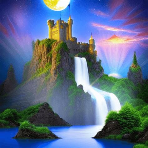 Fantasy Landscapes With Castles Waterfalls And Moons · Creative Fabrica