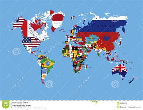 World Map Colored In Countries Flags And Names Royalty Free Stock Photos