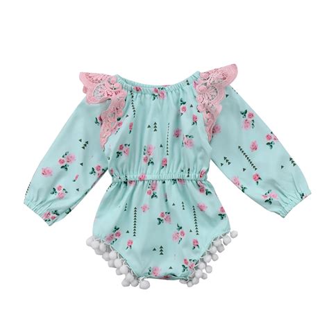 Lace Fly Sleeve Pompons Green Kids Baby Girls Floral Romper Flower