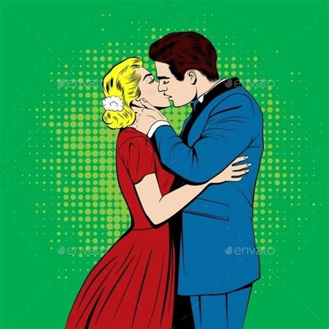 A Man And Woman Kissing In The Style Of Pop Art