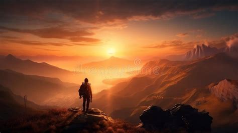 Hiker Standing On Top Of Mountain With Beautiful Scenery Ai Generative