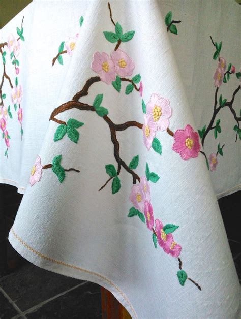 Hand Embroidered Blossom Tree Vintage Linen Etsy Uk Vintage Linen