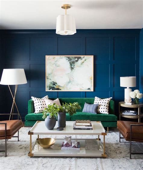 Studio Mcgee Dark Blue Walls With Green Sofa Living Room Laurel Home