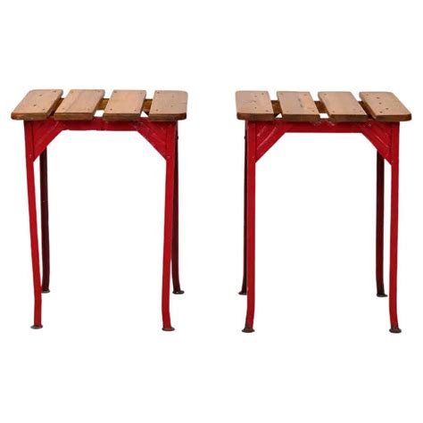 Pair Of Vintage Industrial Wood And Metal Bar Stools For Sale At