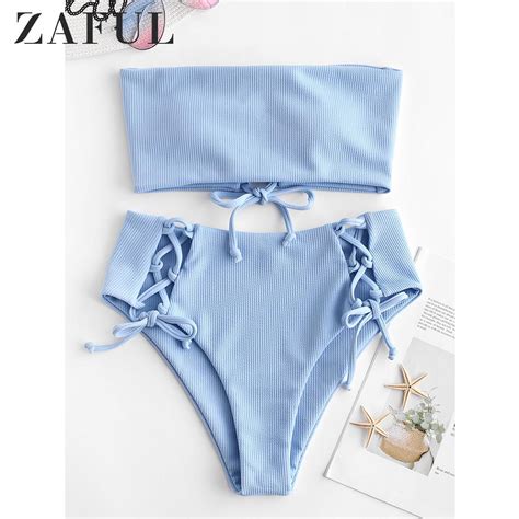 Zaful Ribbed Lace Up High Waisted Bikini Set Strapless High Waisted Cut