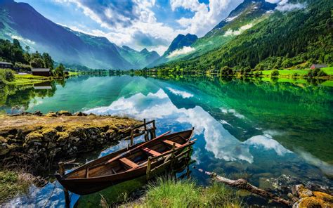 Download Wallpapers Mountain Lake Hdr Glacial Lake Spring Mountain Landscape Wooden Boat On
