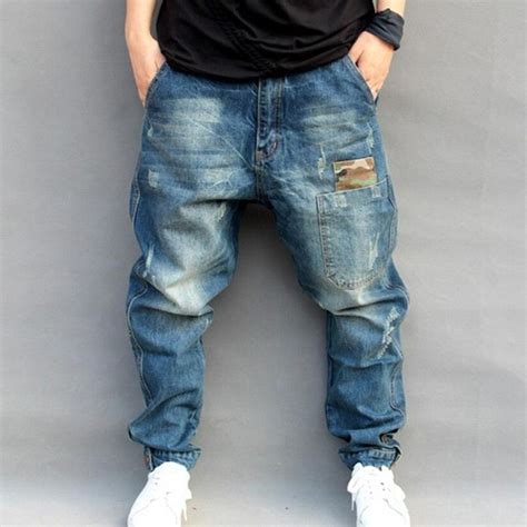 Blue Hole Ripped Baggy Jeans Mens Hip Hop Streetwear Skateboard Denim