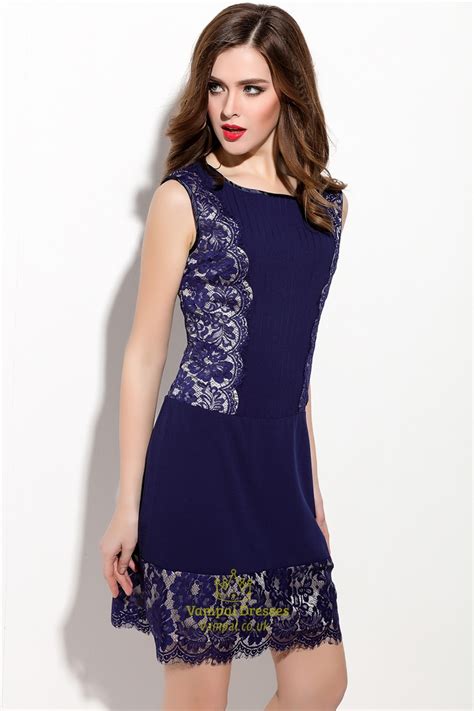 Navy Blue Sleeveless Ruched Sheath Dress With Lace Applique Vampal