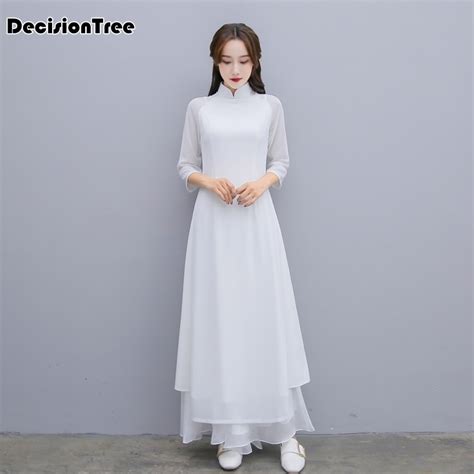 2019 New Woman Solid White Aodai Vietnam Traditional Clothing Ao Dai