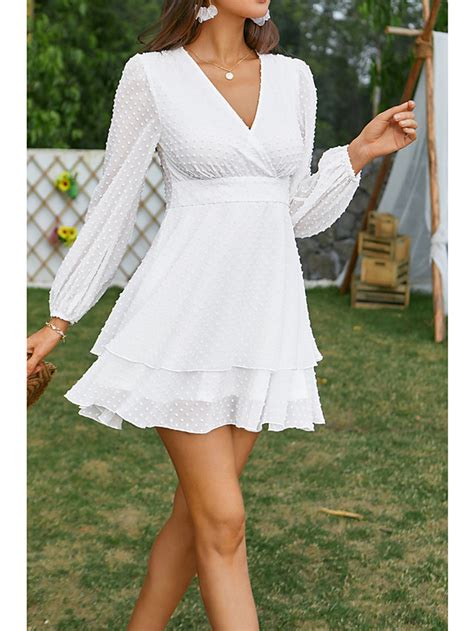 Mujer Vestido De Una Línea Mini Vestido Corto Blanco Manga Larga Color Sólido Otoño Verano