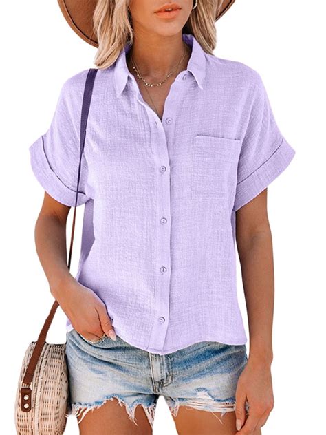 Summer Button Up Shirts For Women Casual Short Sleeve Plain Lapel Neck Blouse Work Office Tee