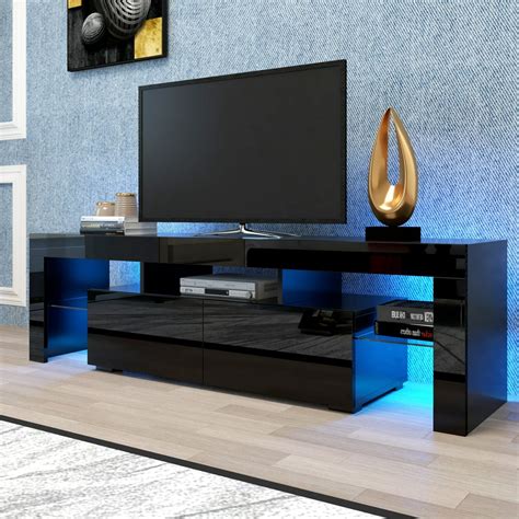 Tv Stand With Led Lights 2 Drawers And Open Shelves High Gloss