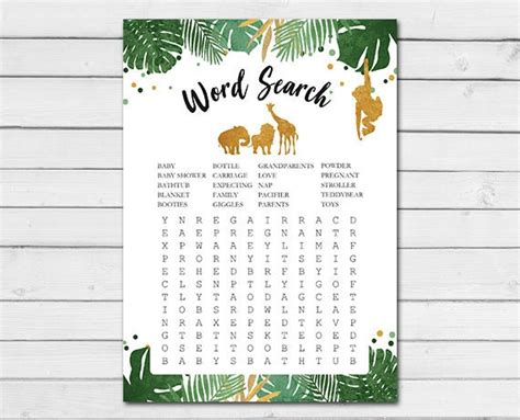 Safari Baby Shower Game Word Search Game Cards Wild One Jungle Baby