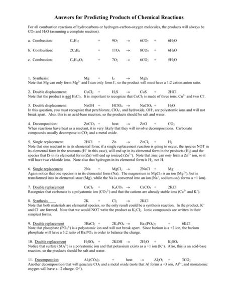 Predicting Products Of Chemical Reactions Worksheet Answers — Db