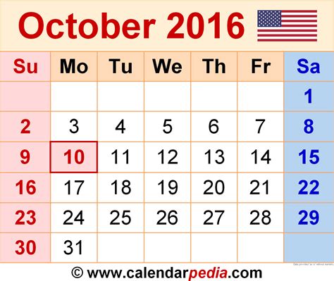 October 2016 Calendar Templates For Word Excel And Pdf