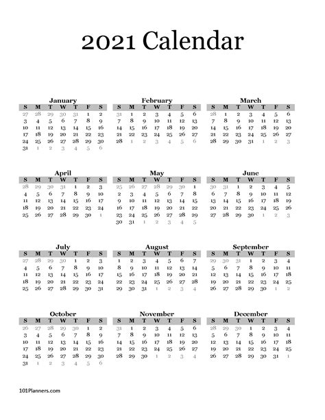 2021 Calendar At A Glance Printable