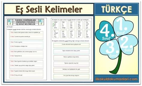 4. Sınıf Eş Sesli Kelimeler Etkinlikleri | İlkokul Dokümanları