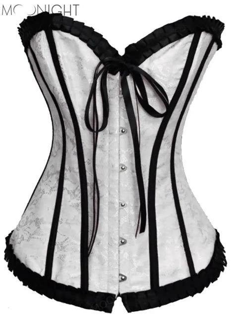 Moonight Sexy White Corset Lace Back Women Overbust Bustiers And Corsets Tops Brocade Fashion