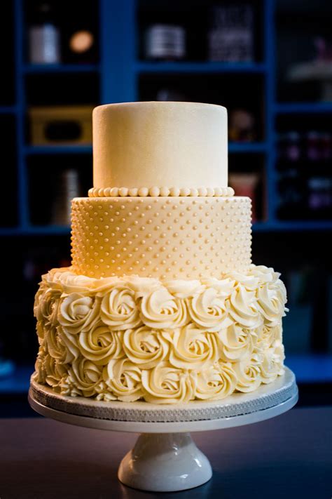 Elegant Ivory 3 Tier Wedding Cake Buttercream Roses Fondant Pearls