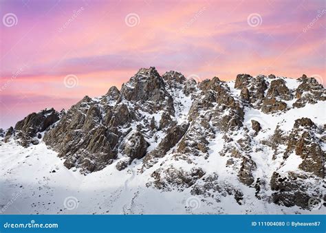Pink Sunrise In Snowy Mountains Stock Photo Image Of Kazakhstan