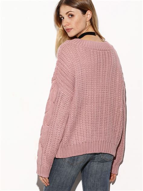 Pink V Neck Drop Shoulder Cable Knit Sweater Sheinsheinside