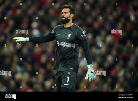 Liverpool Goalkeeper Alisson Becker During The Premier League Match At Anfield Liverpool