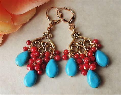 Turquoise Chandelier Earrings Red Coral Natural Etsy