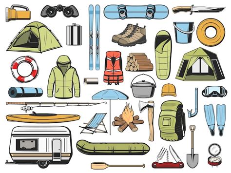Iconos De Camping De Equipos De Viajes Y Turismo Vector Premium