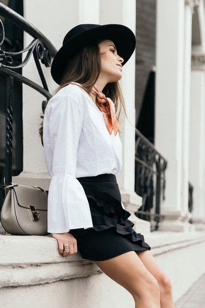shirt tumblr white bell sleeves bag grey bag hat black hat mini skirt black skirt ruffle ruffle
