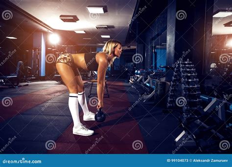 Fitness Blonde Girl Posing And Exercising With Dumbbell Stock Image Image Of Barbell Healthy