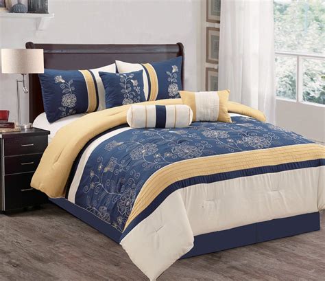Grand Linen Modern Piece QUEEN Bedding Navy Blue Grey Yellow Embellished Holiday Comforter Set