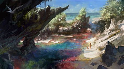 Hd Wallpaper Beach Artwork Colorful Nature Fantasy Art Sea Coves