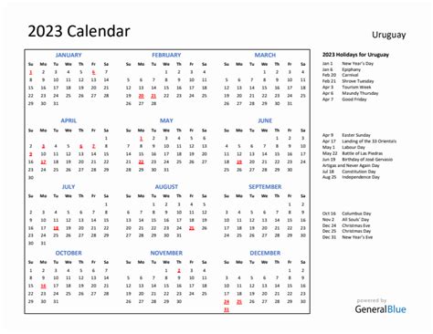 2023 Uruguay Calendar With Holidays