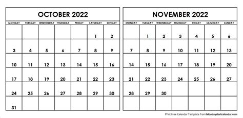 Oct Nov 2022 Calendar Monday Start Editable Two Months Template