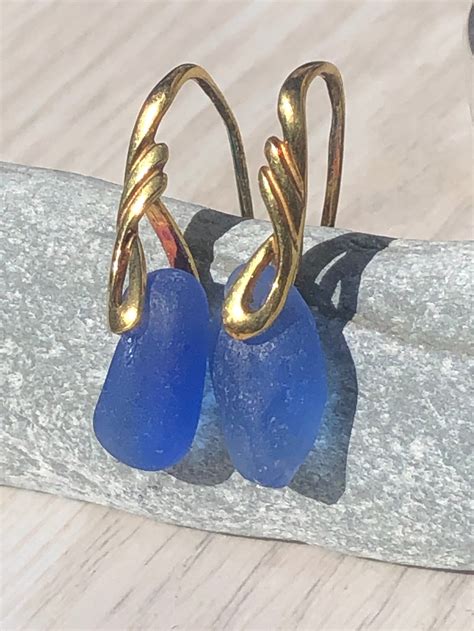24k Gold Plated Twisted Drop Blue Sea Glass Earrings