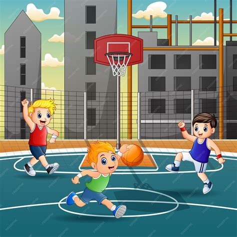 Niños De Dibujos Animados Jugando Baloncesto En La Cancha Vector Premium