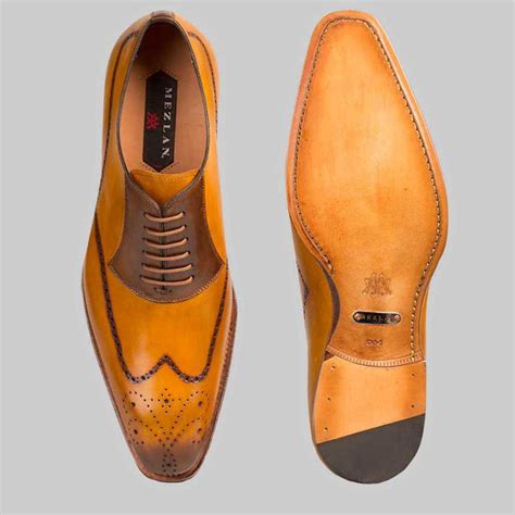 Mezlan Kelvin Mustard Cognac Burnished Calfskin Wing Tip Oxford Shoes