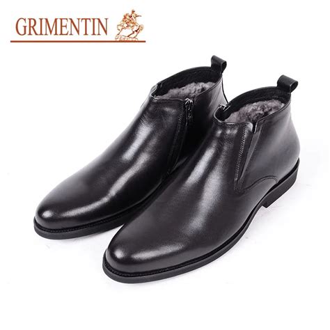 Grimentin Men Ankle Boots With Fur Black Genuine Leather Round Toe