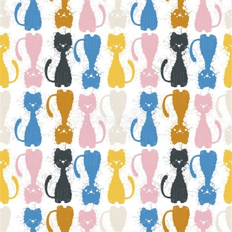 Crazy Cats Seamless Pattern Colorfull Vector Illustration Stock Vector