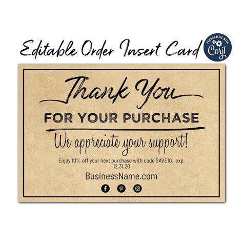 Editable Thank You For Your Purchase Order Insert Cards With Etsy