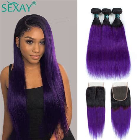 Sexay Pre Colored Ombre Human Hair 3 Bundles With Closure T1bpurple 2