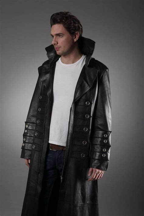 men s military leather trench coat in black