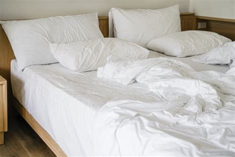 Messy White Blanket On Bed In Bedroom In Morning Stock Photo Image Of