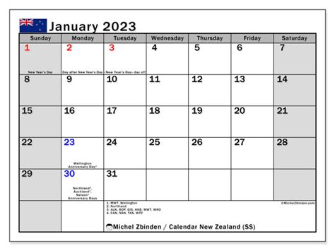 January 2023 Printable Calendar New Zealand Ss Michel Zbinden Nz