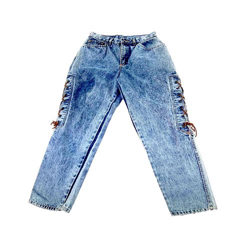 90s Lace Up Acid Wash Mom Jeans Blue 17 Vintage Clothing