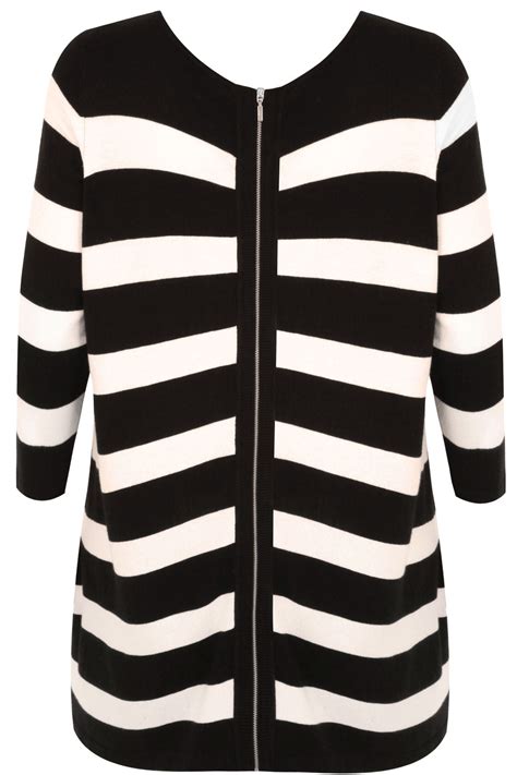 Black And Cream Stripe Longline Jumper With Zip Back Plus Size 14161820222426283032