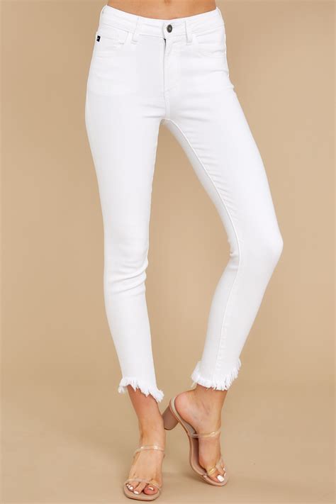 Stylish White Jeans Distressed Frayed Hem Jeans Bottoms 44